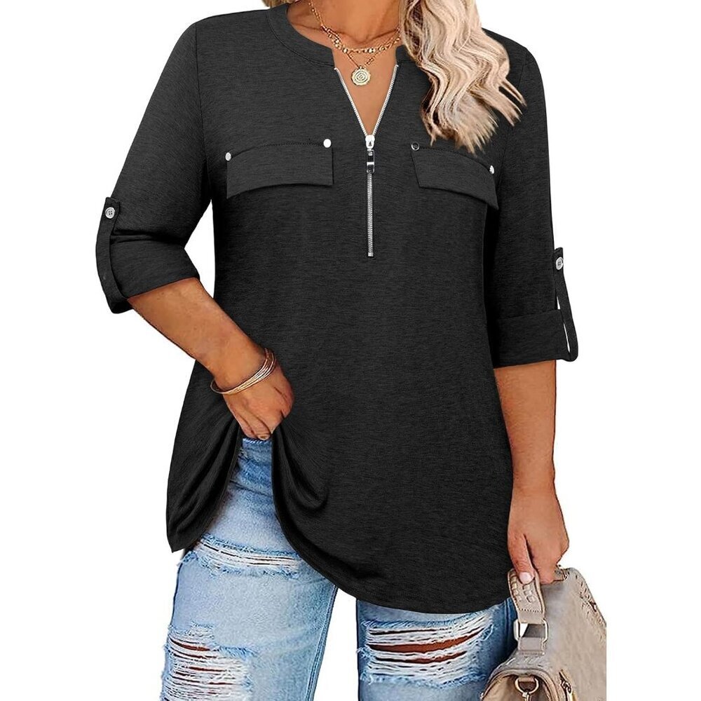 Women Plus Size V-Neck Blouse 3/4 Sleeve Tunic Casual Flared Fit